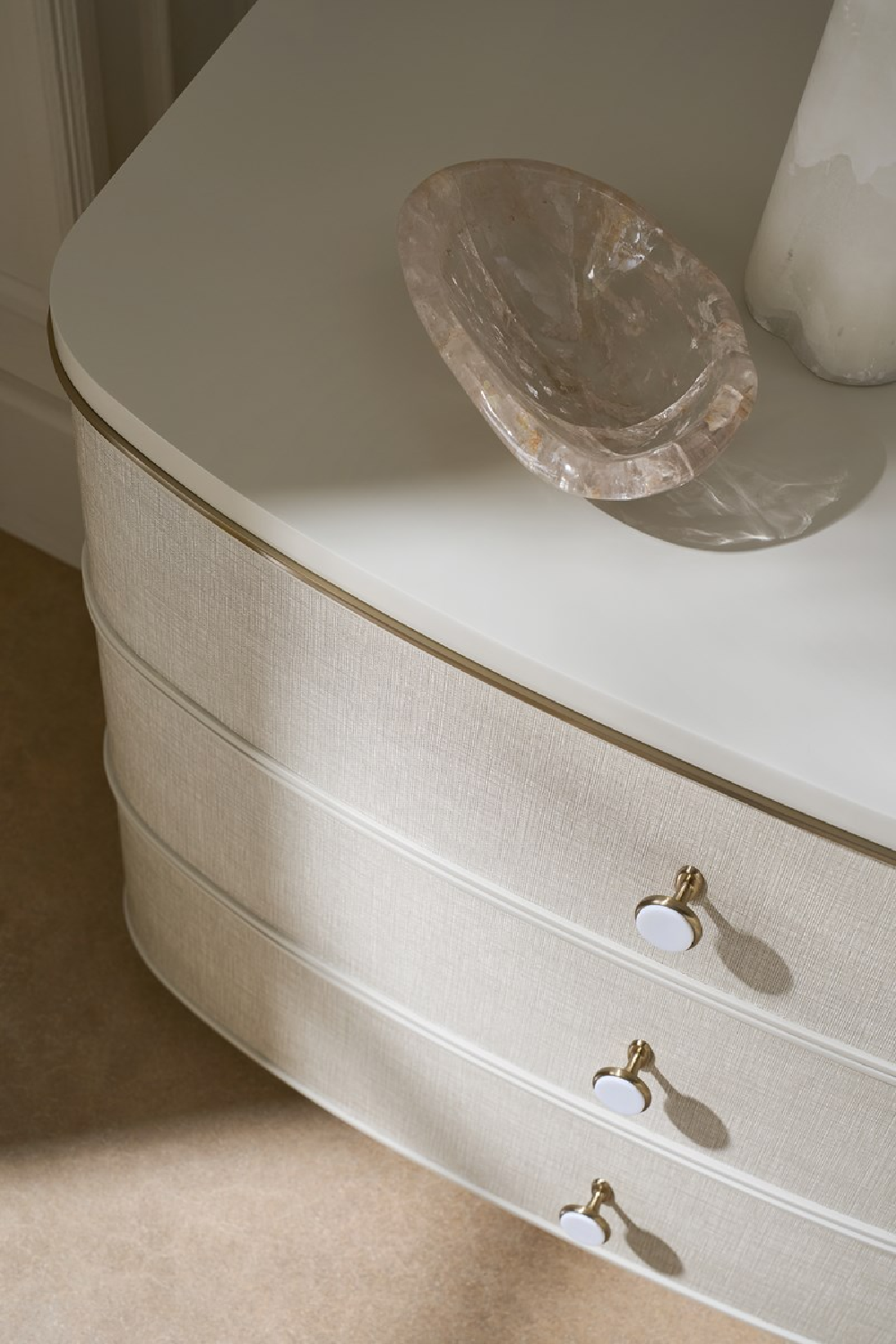 Cream Linen 3-Drawer Nightstand | Caracole Lyon | Caracole.eu.com