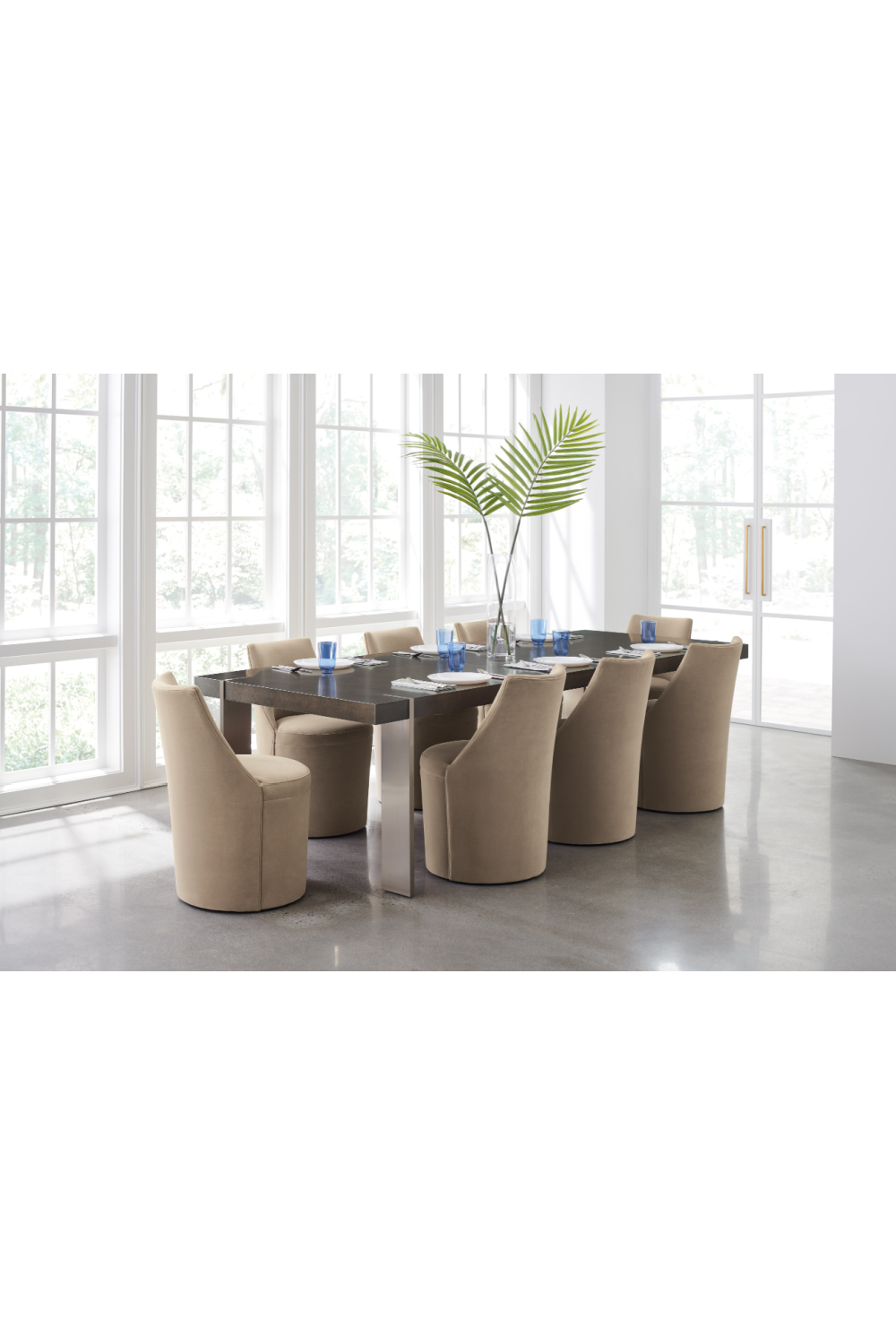 Taupe Velvet Dining Chair | Caracole Barrel Roll | Caracole.eu.com