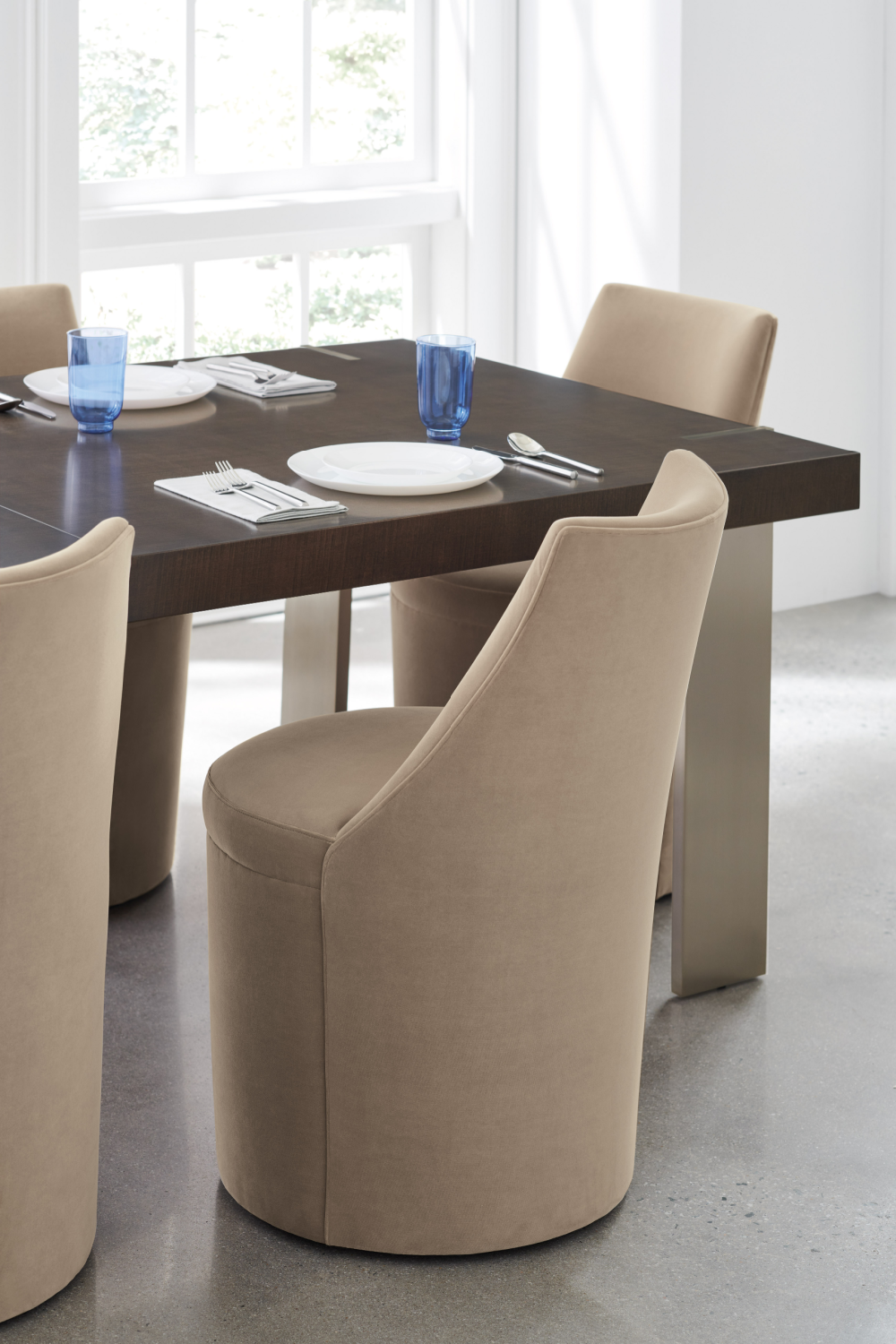 Taupe Velvet Dining Chair | Caracole Barrel Roll | Caracole.eu.com
