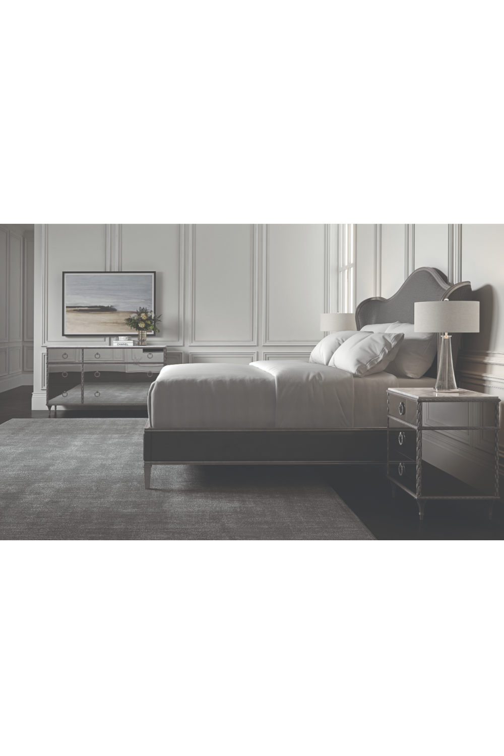 Gray Camelback Upholstered Bed | Caracole Bedtime Beauty | Caracole.eu.com