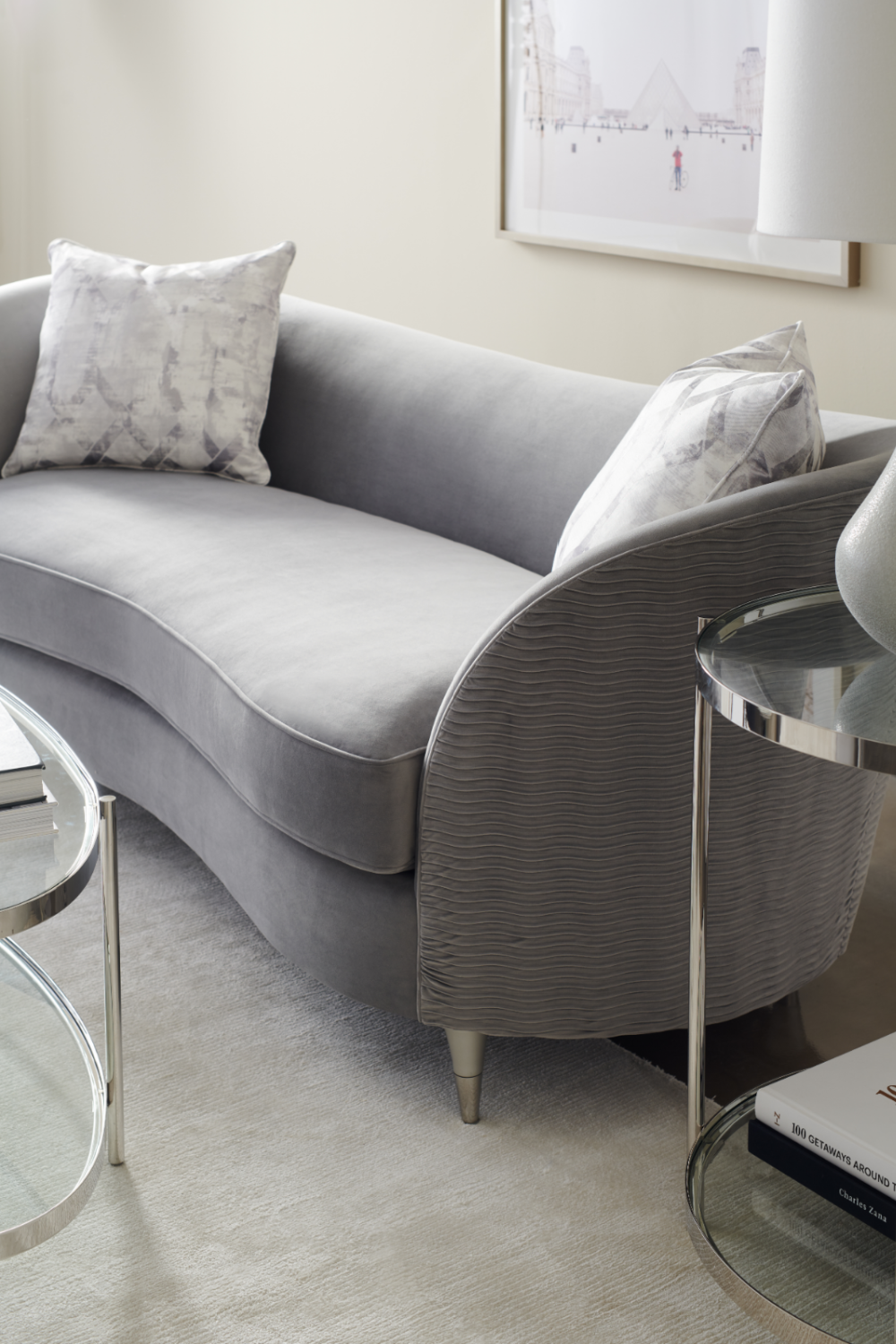 Gray Velvet Curved Sofa | Caracole Farrah | Caracole.eu.com
