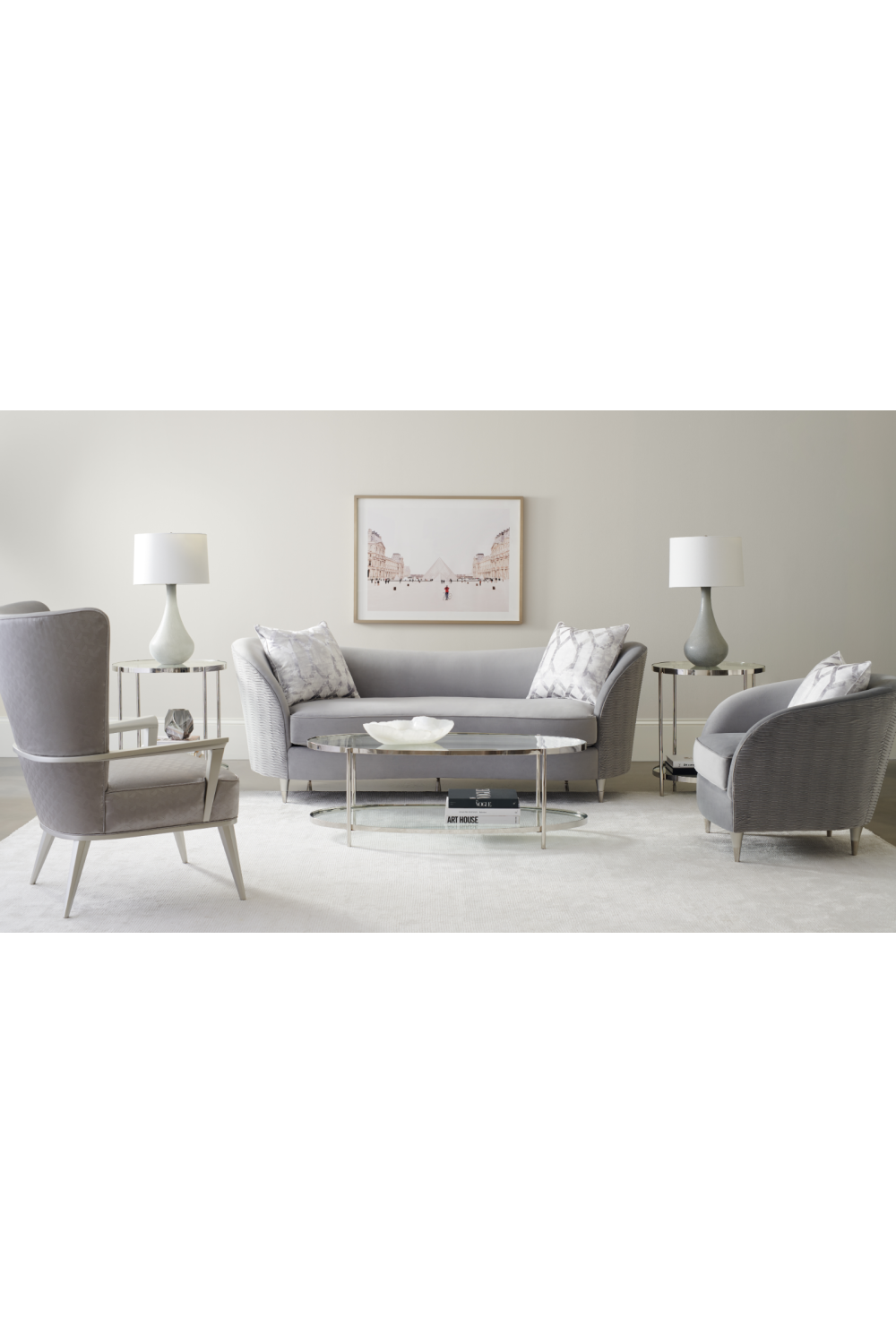 Gray Velvet Curved Sofa | Caracole Farrah | Caracole.eu.com