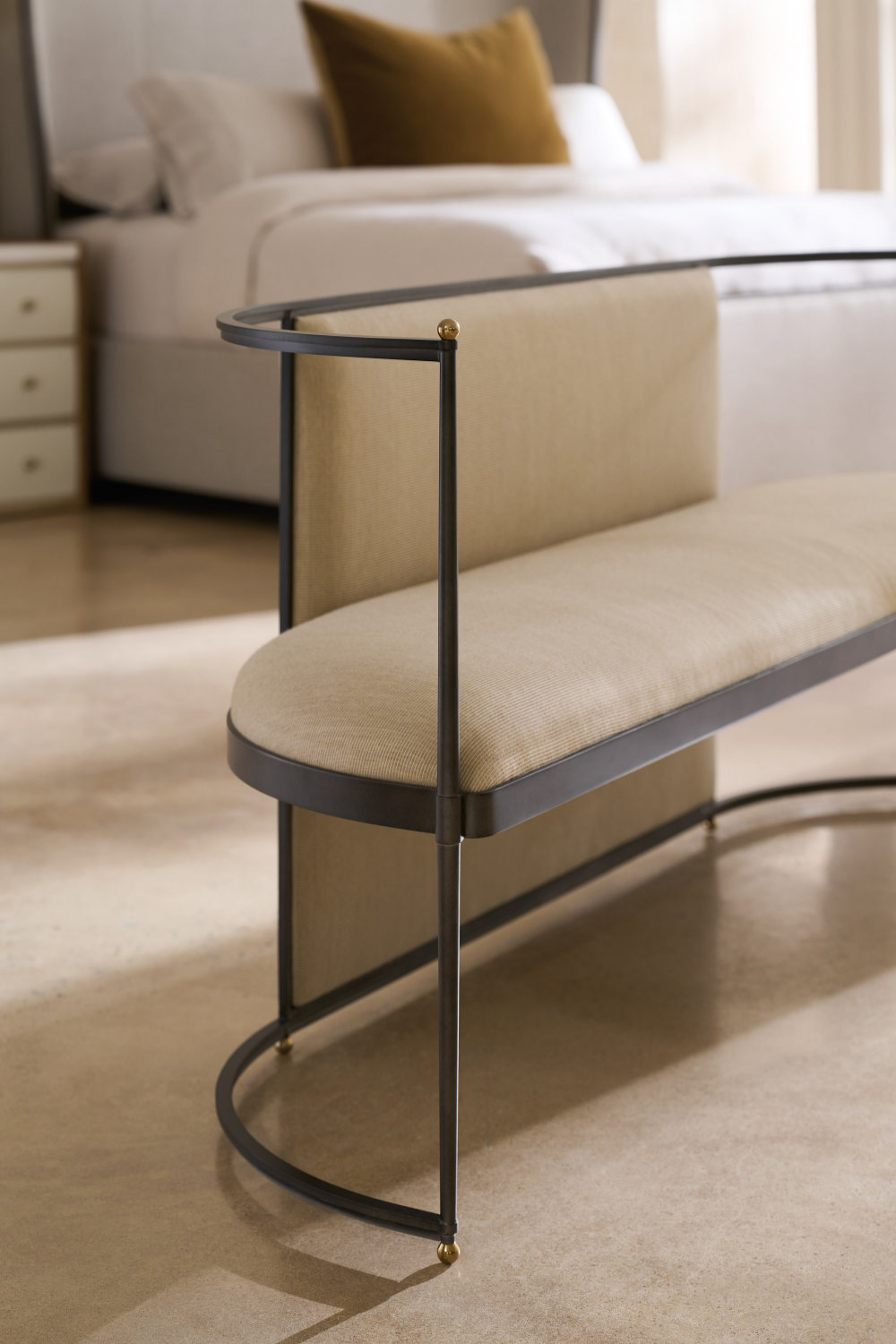Metal Framed Wool Bench | Caracole Toulouse | Caracole.eu.com