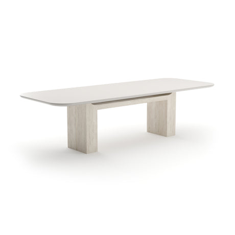 Travertine Pedestal Rectangular Dining Table | Caracole Overlap